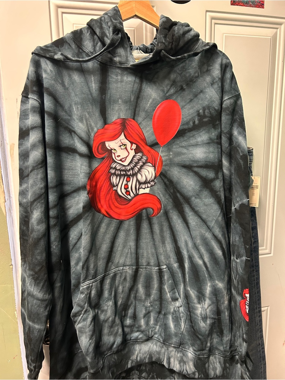 Ariel / IT Black Tie-Dye Hoodie with Red Graphic Mermaid and Balloon